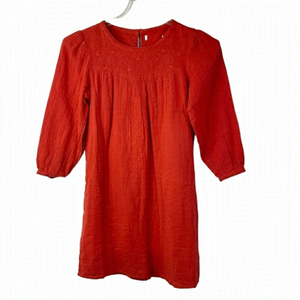H&M Dress Tomato Red Embroidered Smock Orange Red‎ Balloon Sleeve Boho
